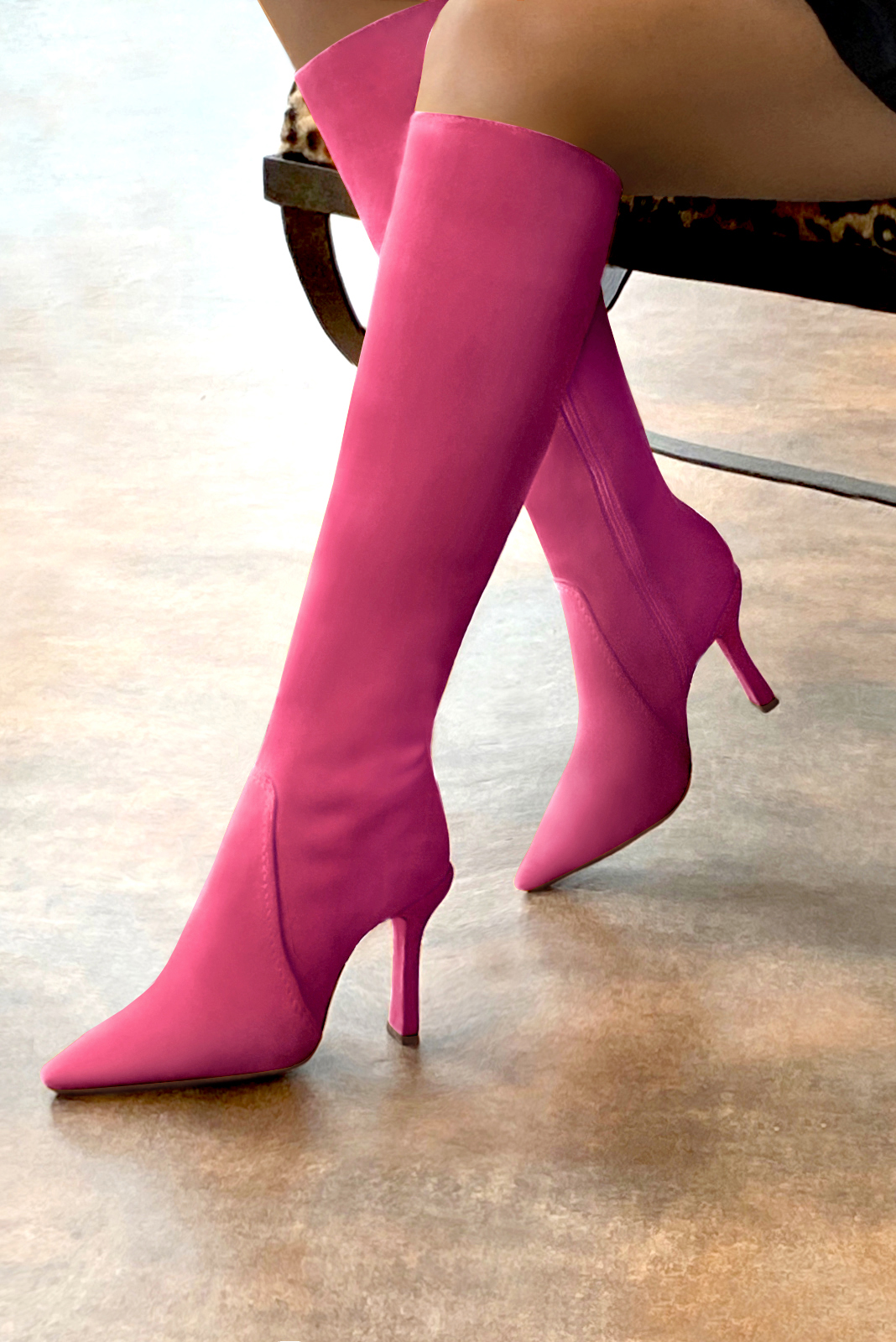 Fuschia pink women's feminine knee-high boots. Pointed toe. Very high spool heels. Made to measure. Rear view - Florence KOOIJMAN